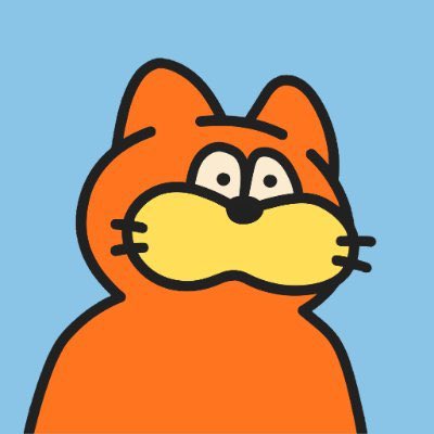 Simple cartoon illustration of an orange cat with a yellow muzzle and large white eyes on a light blue background.