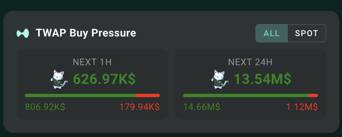 A dashboard widget labeled 'TWAP Buy Pressure' showing $626.97K buy volume for the next 1 hour and $13.54M for the next 24 hours.