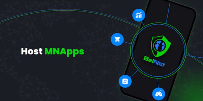A digital banner displaying the text 'Host MNApps' next to a smartphone graphic featuring the 'BeINet' app logo with icons representing various services like finance, shopping, health, and gaming.