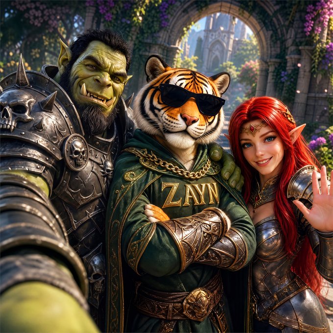 A fantasy-style digital artwork depicts three characters—an armored orc, a tiger wearing sunglasses and a green robe with 'ZAYN' embroidered on it, and a red-haired elf warrior—taking a selfie in a garden setting.