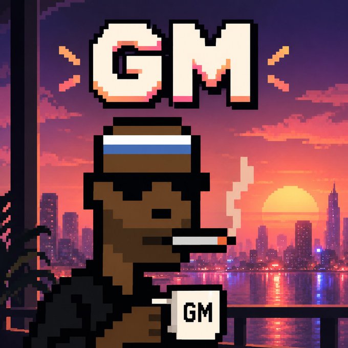 Pixel art depicting a brown character with a headband and a cigarette standing by a body of water at sunset, with a city skyline in the background and "GM" written on the cigarette smoke and a mug.