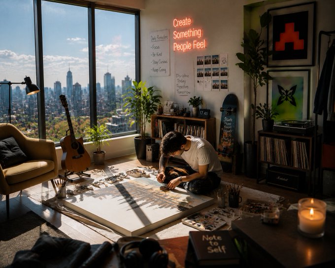 An AI-generated image of a creative workspace with a person working on art, featuring a neon sign reading "Create Something People Feel", a guitar, plants, and a city skyline visible through large windows.