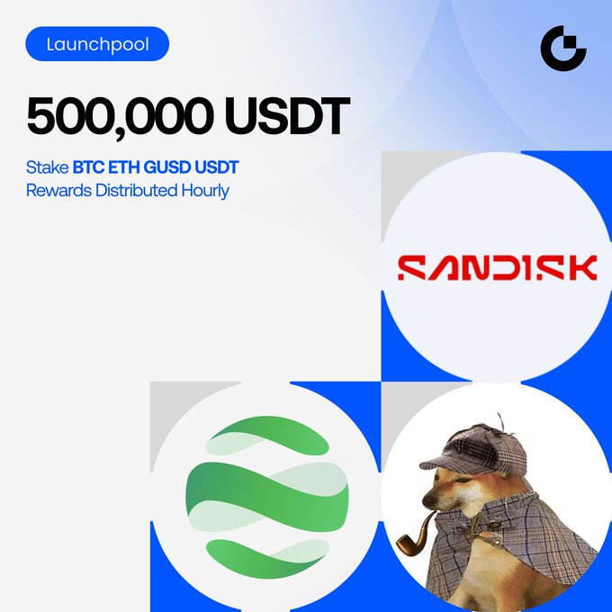 A promotional graphic for Gate.io's Launchpool featuring a 500,000 USDT staking rewards pool distributed hourly for staking BTC, ETH, GUSD, and USDT, alongside logos for SNDKG, the DOS token, and the Shiba Inu-style "PIPEDOG" mascot, matching the post's announcement of hourly airdrops for these three tokens.