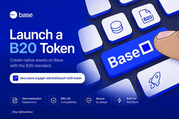 A promotional graphic for Base announcing 'Launch a B20 Token,' highlighting features like One transaction Deployment, ERC-20 Compatibility, and Secure by design, credited to Elise (@hiwhitex).
