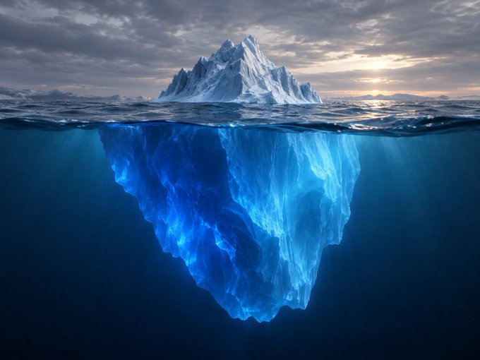 An iceberg floating in the ocean with only its tip visible above water while its massive glowing blue base extends deep beneath the surface. The image visually echoes the caption's message: just as an iceberg's true scale lies hidden below the waterline, surface-level information often conceals deeper realities—reinforcing the importance of doing your own research (DYOR) before drawing conclusions.