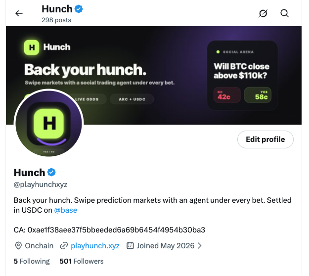The image shows a social media post featuring a white background with a black logo of the Twitter app icon along with some text promoting the "Back Your Hang" account. The post appears to be about an app called "@base", which suggests that it could be related to cryptocurrency or trading in general. The main caption reads, "we're a family of 500 now on @playhunchxyz feels wild how fast it's growing this is only the beginning of a completely new kind of prediction market experience on Twitter".