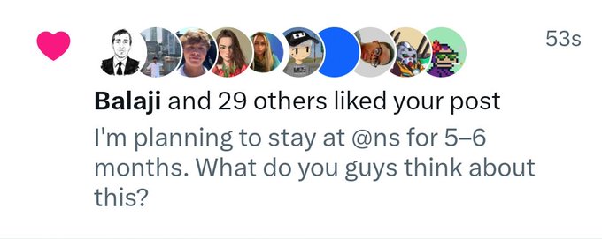 A social media notification showing that "Balaji and 29 others liked your post" about a 5-6 month stay at @ns, with the caption referencing free accommodation at Network School and a question directed at @balajis regarding financial stability.