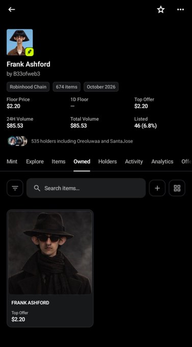 A screenshot of an NFT collection page for 'Frank Ashford' on Robinhood Chain, showing a floor price of $2.20, 674 items, and a preview image of a man in a hat and sunglasses.
