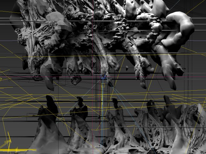 A grayscale 3D model of a skull-like or skeletal structure is displayed in a digital workspace with a yellow wireframe grid, axis lines, and camera controls. It visually represents the concept of "MORPHOLOGICAL DRIFT" through the organic, eroded transformation of anatomical form.