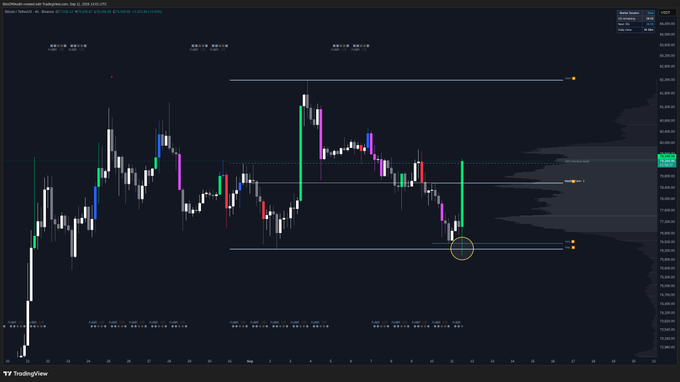 A TradingView Bitcoin/USD perpetual futures chart showing price action around $74,000-$83,000 from September 2024, with a circled area highlighting a recent long position entry near a support level, illustrating the trader's transparent call-out of his bullish trade.