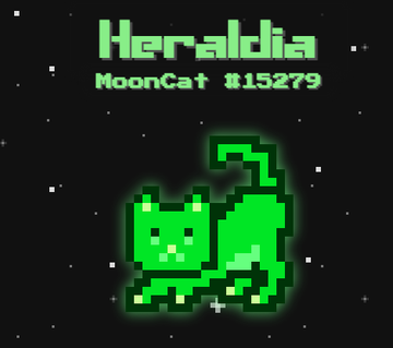 A pixel art image features a green cat with a crescent moon tail set against a starry black background, with the text "Heraldia" and "MoonCat #15279" displayed at the top. The image showcases the NFT from the MoonCats collection, specifically identifying MoonCat #15279 as belonging to the user @SteveKBark.