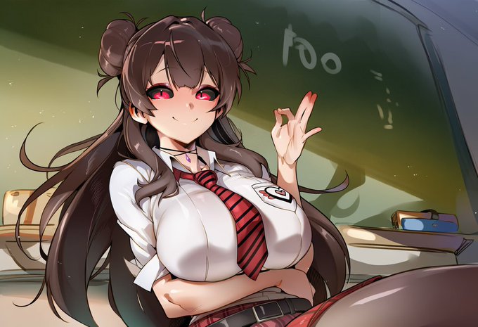 An anime-style illustration of a female character with long dark hair in buns, wearing a school uniform with a red striped tie and a very prominent chest, smiling in a classroom setting.