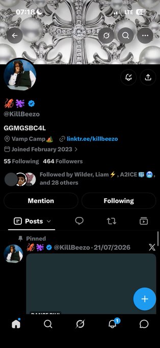 A mobile phone screenshot of an X (formerly Twitter) social media profile for user '@KillBeezo' with the name 'GGMGSBC4L', featuring a profile picture of a woman and showing follower counts.