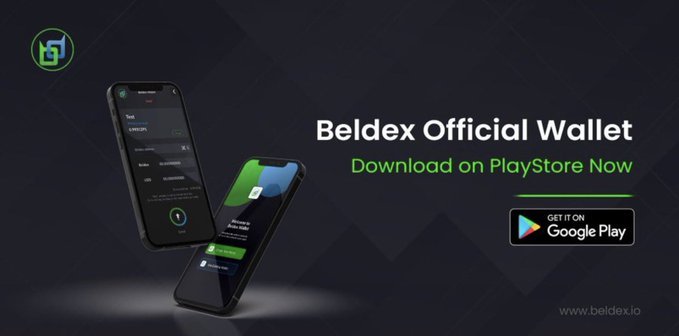 An advertisement for the 'Beldex Official Wallet' showing two smartphones displaying the app, with text 'Download on PlayStore Now' and a Google Play button.