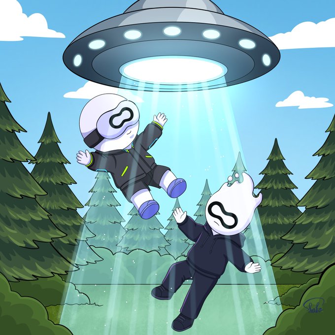 A cartoon illustration shows a UFO beaming up one character wearing goggles while another character with a ghost-like head runs below, set against a forest backdrop.