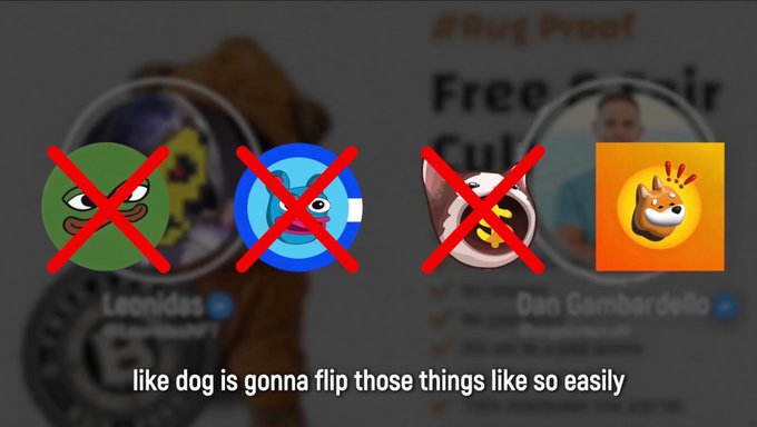 The image shows a YouTube video screenshot featuring Dan Gambardello with three meme coins (Leonidas, another blue character, and what appears to be a sushi/pepper coin) marked with red X's, while the DOG coin logo is highlighted in orange without an X, accompanied by the caption "like dog is gonna flip those things like so easily." This visually reinforces the post's message that DOG has already outperformed three of the four memecoins Gambardello predicted would be flipped during the alt season.