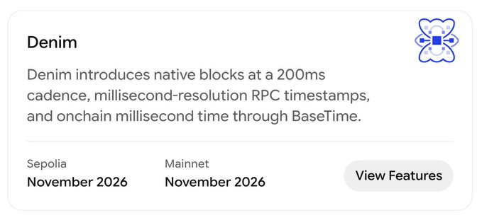 A product card for 'Denim' describing native blocks at a 200ms cadence with millisecond-resolution RPC timestamps and onchain millisecond time through BaseTime, with Sepolia and Mainnet launches in November 2026.