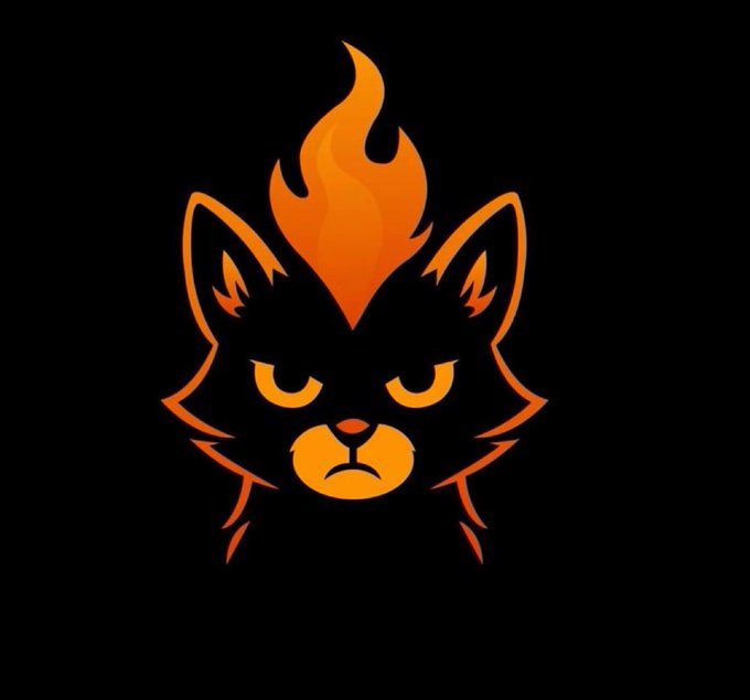 A stylized orange and black logo depicting a cat's face with a flame on top of its head.