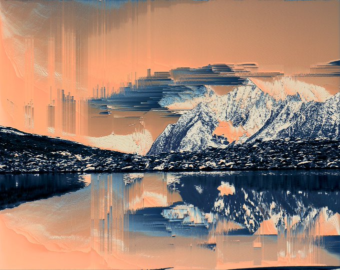 An abstract landscape artwork depicts a snowy mountain and dark foreground with a striking reflection in water, rendered in bold orange and blue tones with digital glitch effects.