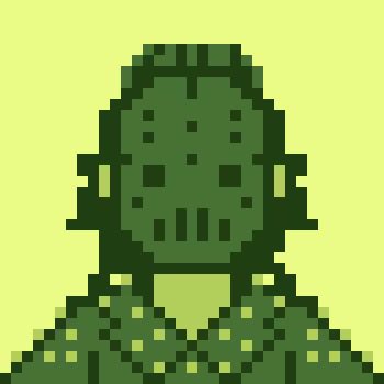 A pixel art portrait of a green-skinned zombie-like character wearing a dotted chainmail or netted garment, rendered in a retro video game style that fits the undead NFT aesthetic of the Deadfellaz collection.