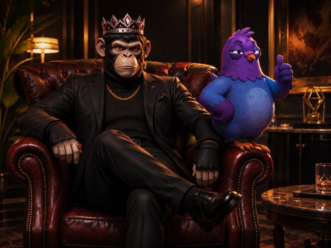 The image features a man sitting in a chair wearing a crown, with a bird perched on his shoulder. The scene takes place in an office setting, where there are two chairs visible - one occupied by the man with the crown and another empty chair nearby. A coffee table is also present in the room.