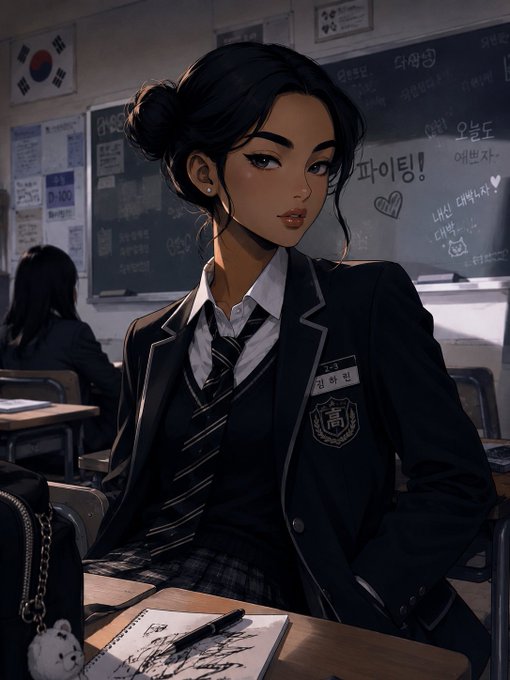 The image features a girl sitting at a desk, wearing a school uniform with a tie. She has her hair styled in an updo and is looking directly at the camera. The background includes a chalkboard and other students seated at their desks. There are also some books visible on the desk next to the girl. The post reads "good morning frens of star. make today count." This message seems to be related to the girl's presence in the image, as she is described as a "fren" or someone who is "making today count."