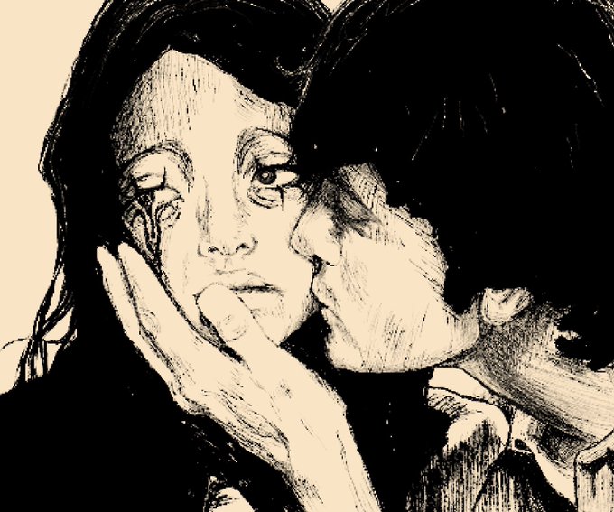 A black ink sketch showing a close, intimate moment between two figures—one cradling the other's face in their hands, evoking tenderness and quiet reflection.

The hand-drawn, emotional imagery paired with the simple "Gm" greeting and oceanic symbols creates a mood of soft connection and calm morning energy.