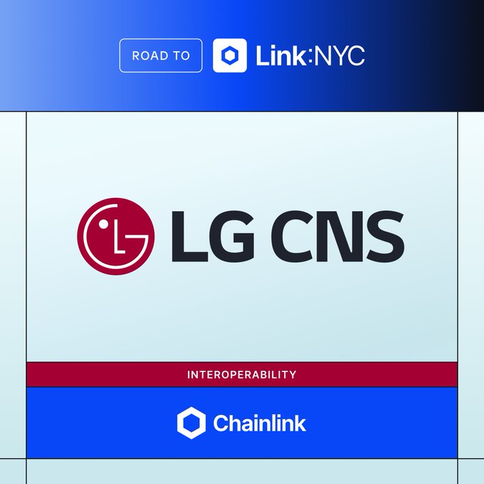 A partnership graphic shows LG CNS and Chainlink connected under the “INTEROPERABILITY” label, with a “ROAD TO Link:NYC” banner at the top. It illustrates the announced strategic partnership to advance South Korea’s $68 billion digital asset market.