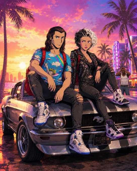 A male character resembling CJ from GTA San Andreas in a rainbow-patterned shirt and a female character with curly black hair sit on a silver Mustang against a vibrant Miami Beach sunset, with the car's license plate reading "ELEANOR" and an "OCEAN DRIVE" sign in the background.