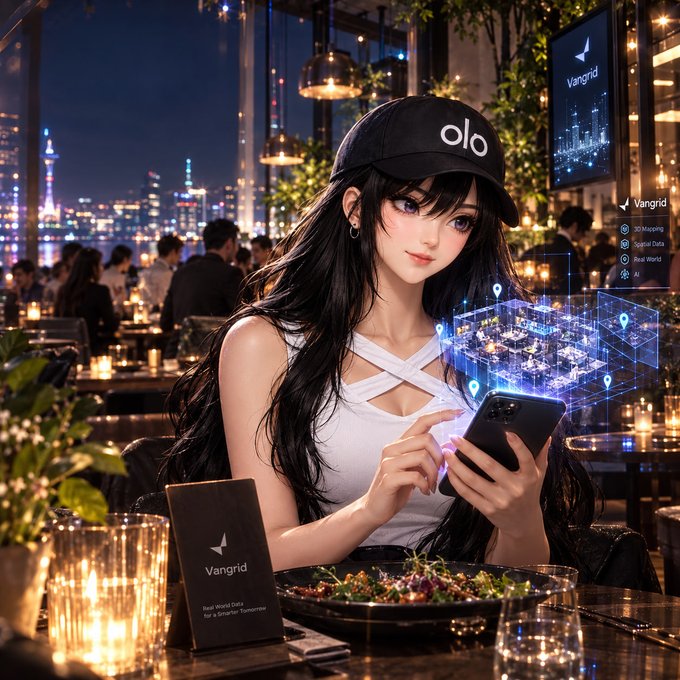 An anime-styled woman wearing an "olo" cap sits at a rooftop restaurant, holding a smartphone that projects a glowing 3D holographic building model with location pins, while a "Vangrid" branded menu and signage reference their 3D mapping and spatial data services. The image visually illustrates the post's concept of using smartphone-captured videos to generate valuable spatial data for robots and AI systems through Vangrid's DePIN platform.