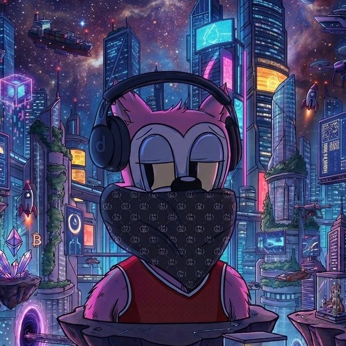 Stylized cartoon artwork of a pink anthropomorphic character wearing headphones and a black bandana with repeated logos, set against a futuristic cyberpunk cityscape background featuring Bitcoin and Ethereum symbols.