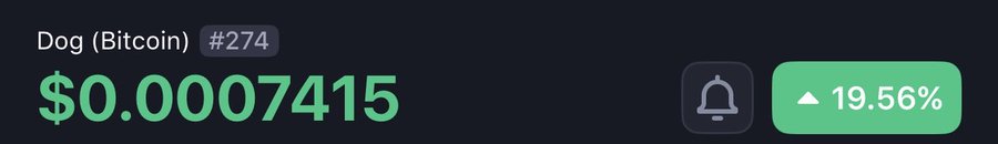 A cryptocurrency price display showing 'Dog (Bitcoin) #274' at $0.0007415 with a 19.56% increase indicator.