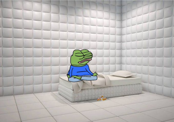 A 3D rendered scene of a white padded room containing a single mattress, where a Pepe the Frog character is sitting cross-legged with closed eyes in a meditative pose.
