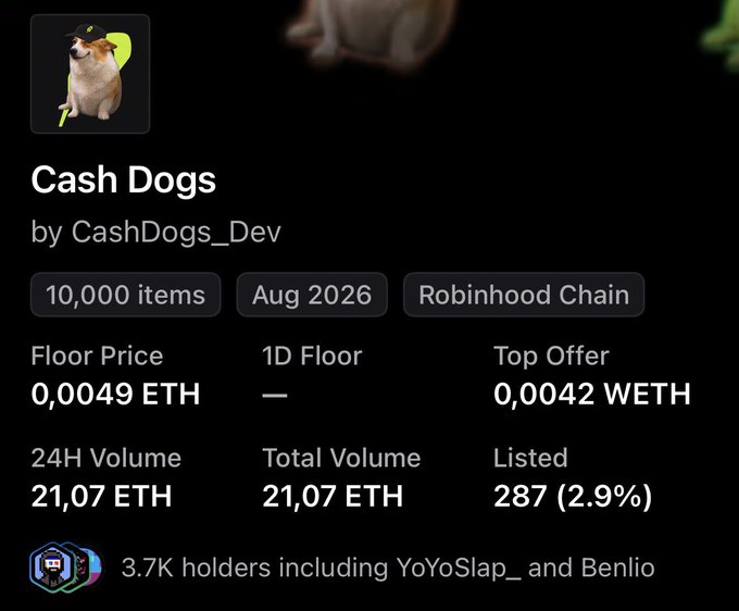 An NFT collection page for 'Cash Dogs' by CashDogs_Dev showing 10,000 items on Robinhood Chain with a floor price of 0.0049 ETH and 21.07 ETH total volume.