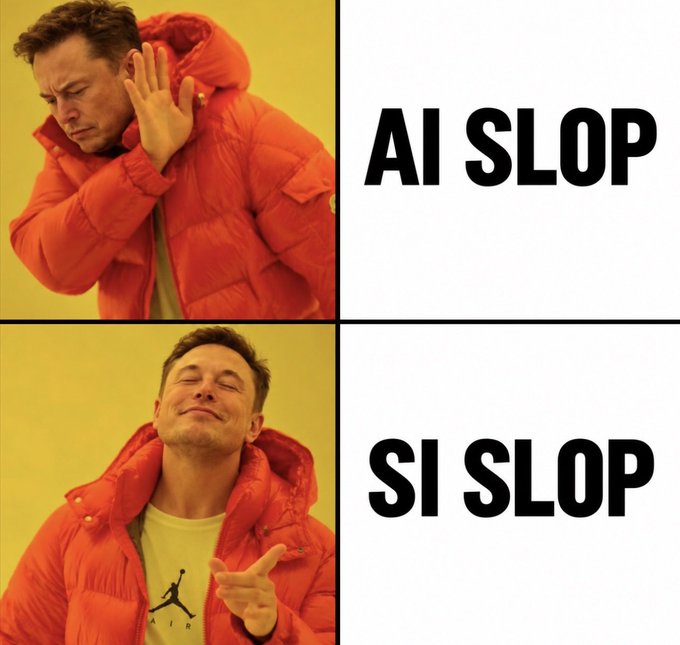 A "Drake-style" meme featuring a man in a red puffer jacket rejecting "AI SLOP" and approving "SI SLOP," humorously responding to the post's claim that generative AI content ("slop") has been replaced by "$SI" (likely referring to the Solana-based meme coin) as the latest internet trend.