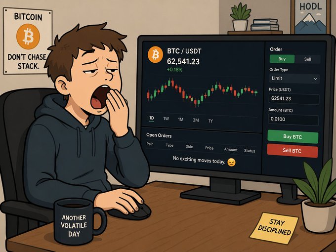 A cartoon of a tired trader yawning at his computer showing BTC/USDT at $62,541.23, with a 'BITCOIN DON'T CHASE STACK' poster and a mug reading 'ANOTHER VOLATILE DAY'.