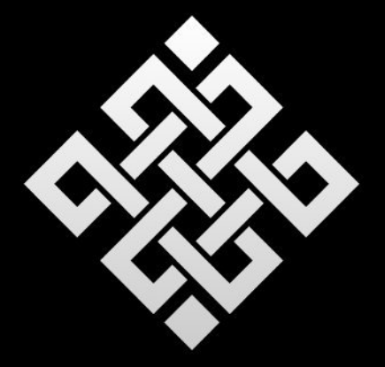 A white geometric endless knot symbol on a black background.