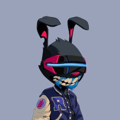 A 3D-rendered character wearing a dark bunny-eared helmet with glowing blue visor and toothy grin, dressed in a blue varsity jacket with 'R' patches.