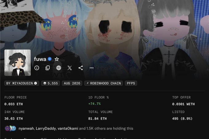 An NFT listing page for an artwork named 'fuwa' on the Robinhood Chain, priced at 0.033 ETH with a 24H volume of 36.63 ETH.