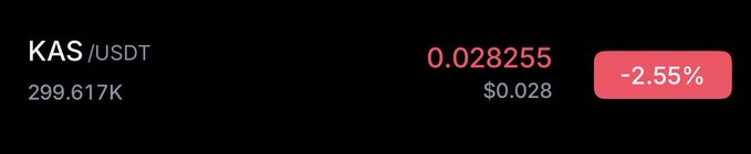 A cryptocurrency price ticker showing KAS/USDT at 0.028255 ($0.028) with a 24-hour decline of -2.55% in red, with a volume of 299.617K.