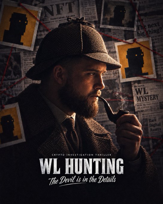A detective in a tweed deerstalker cap smokes a pipe against a backdrop of newspaper clippings and mysterious red-stringed photographs, with text reading "CRYPTO INVESTIGATION THRILLER," "WL HUNTING," and "The Devil is in the Details." The image ties to the post's detective-themed "hunt" for a @BITFOOTS_ NFT drop, with its "WL MYSTERY" and "The next big thing??" clippings reinforcing the investigative, clue-chasing tone of the post.