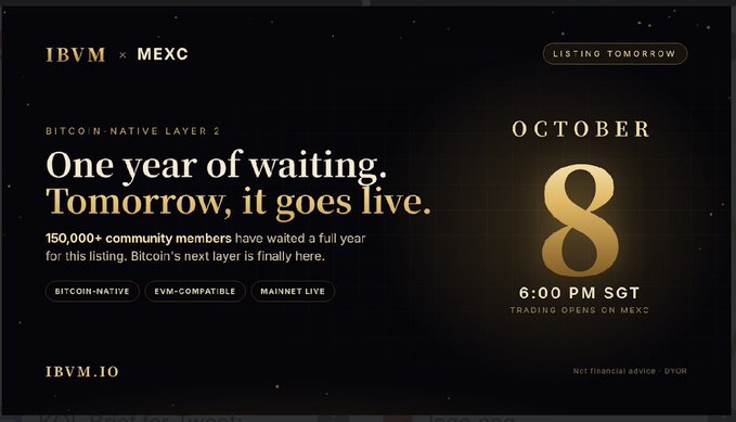 A promotional graphic for 1BVM × MEXC Bitcoin Native Layer 2 listing, with text 'One year of waiting. Tomorrow, it goes live.' and a launch date of October 8 at 6:00 PM SGT.