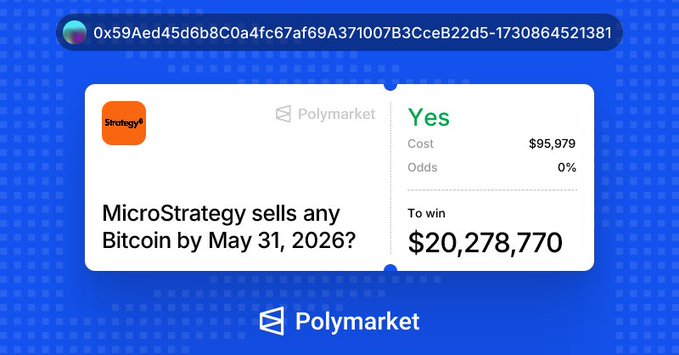 The image shows a blue background with white text that reads "MicroStrategy sells any Bitcoin by May 31,2026?". The text also includes an image of a person holding a Bitcoin symbol. The main focus of the image is on the text and its relationship to the post about MicroStrategy selling Bitcoin.