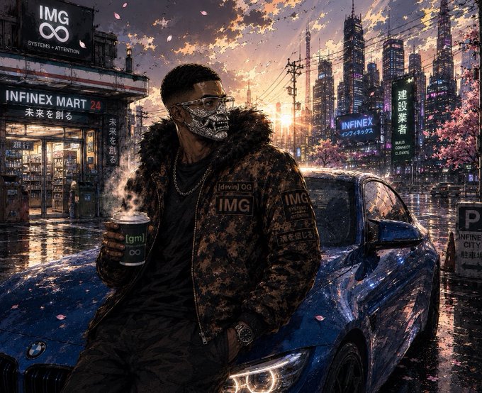 A cyberpunk-style illustration features a man in a skull mask and patterned IMG jacket leaning against a blue BMW, holding a coffee cup, with neon signs reading 'IMG SYSTEMS + ATTENTION', 'INFINEX MART 24', and 'INFINEX' in a rainy cityscape with cherry blossoms.