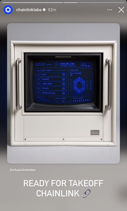 An image of a 3D render displaying a vintage computer monitor showing a Chainlink network interface screen in blue tones. The image is captioned "READY FOR TAKEOFF CHAINLINK 🔗" with the @chainlinklabs Instagram story post and relates to the $LINK token's anticipated price "takeoff."