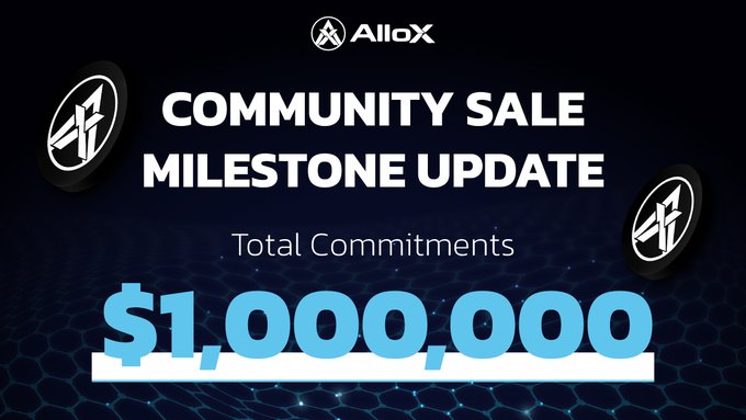 Promotional graphic from AlloX announcing a 'COMMUNITY SALE MILESTONE UPDATE' with 'Total Commitments' reaching $1,000,000, featuring the AlloX logo and cryptocurrency tokens.
