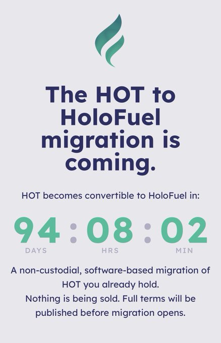 A countdown graphic announcing 'The HOT to HoloFuel migration is coming' with a timer showing 94 days, 8 hours, and 2 minutes remaining.