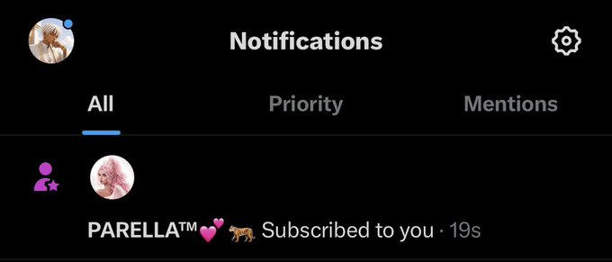 A "Notifications" screen displays a new subscription alert from "PARELLA™💕🦁" who "Subscribed to you · 19s" ago, under the "All" tab. The notification directly illustrates the post's theme, showing a brand new subscriber whose action the author celebrates as a meaningful "alpha" milestone.