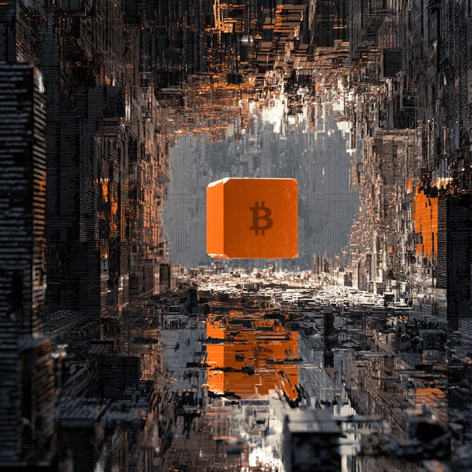A digital artwork depicting an orange Bitcoin (₿) cube floating within a dystopian, mirrored futuristic cityscape with towering metallic buildings.