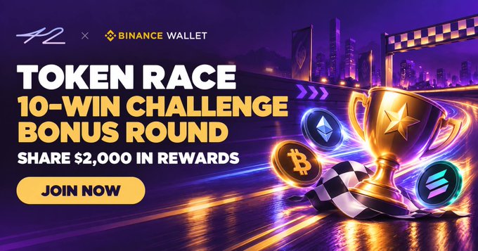 A promotional banner for a partnership between 'AL42' and 'BINANCE WALLET' advertises a 'TOKEN RACE 10-WIN CHALLENGE BONUS ROUND' to 'SHARE $2,000 IN REWARDS' with a 'JOIN NOW' button.